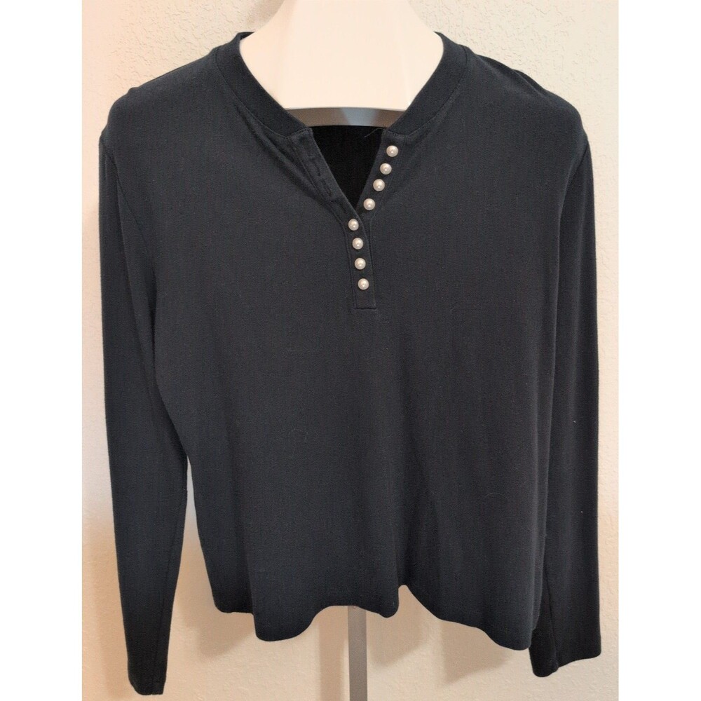Croft & Barrow Womens L Dark Black Cotton Long Sleeve Henley Pearl Button Top